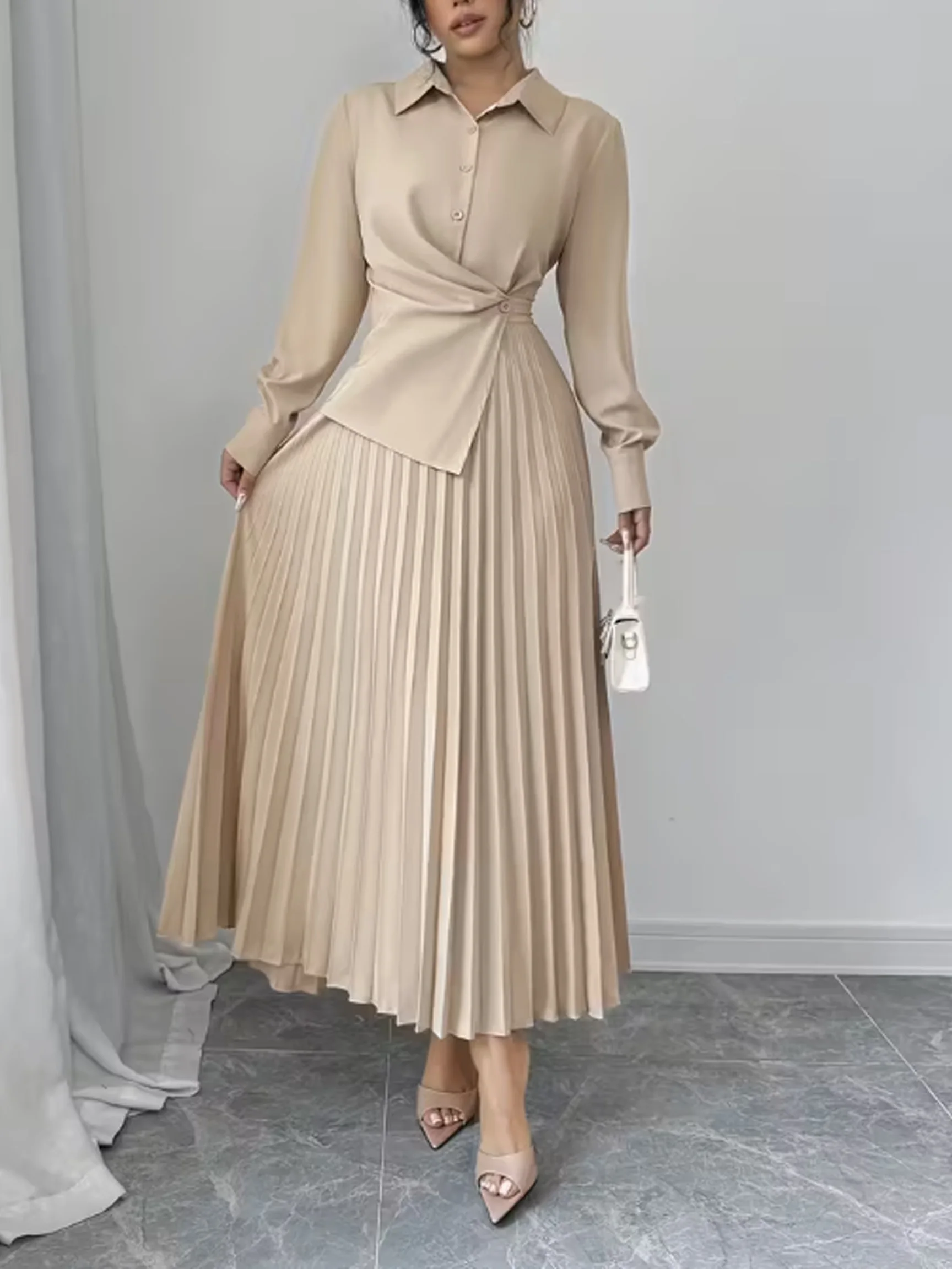 Women's Casual Solid Color Elegant Ruched Waist Midi Dress, Slim Fit Romantic Outfit for Daily Commute Office Wear