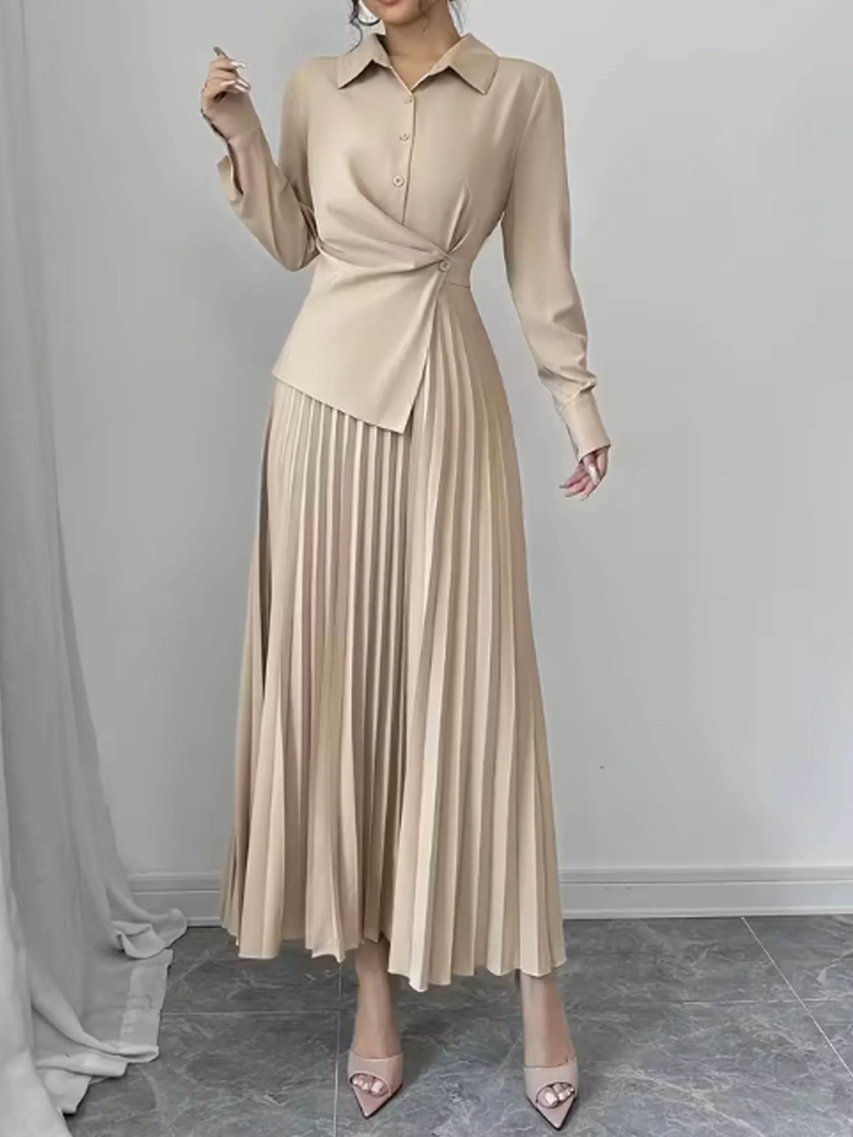 Women's Casual Solid Color Elegant Ruched Waist Midi Dress, Slim Fit Romantic Outfit for Daily Commute Office Wear - Image 3