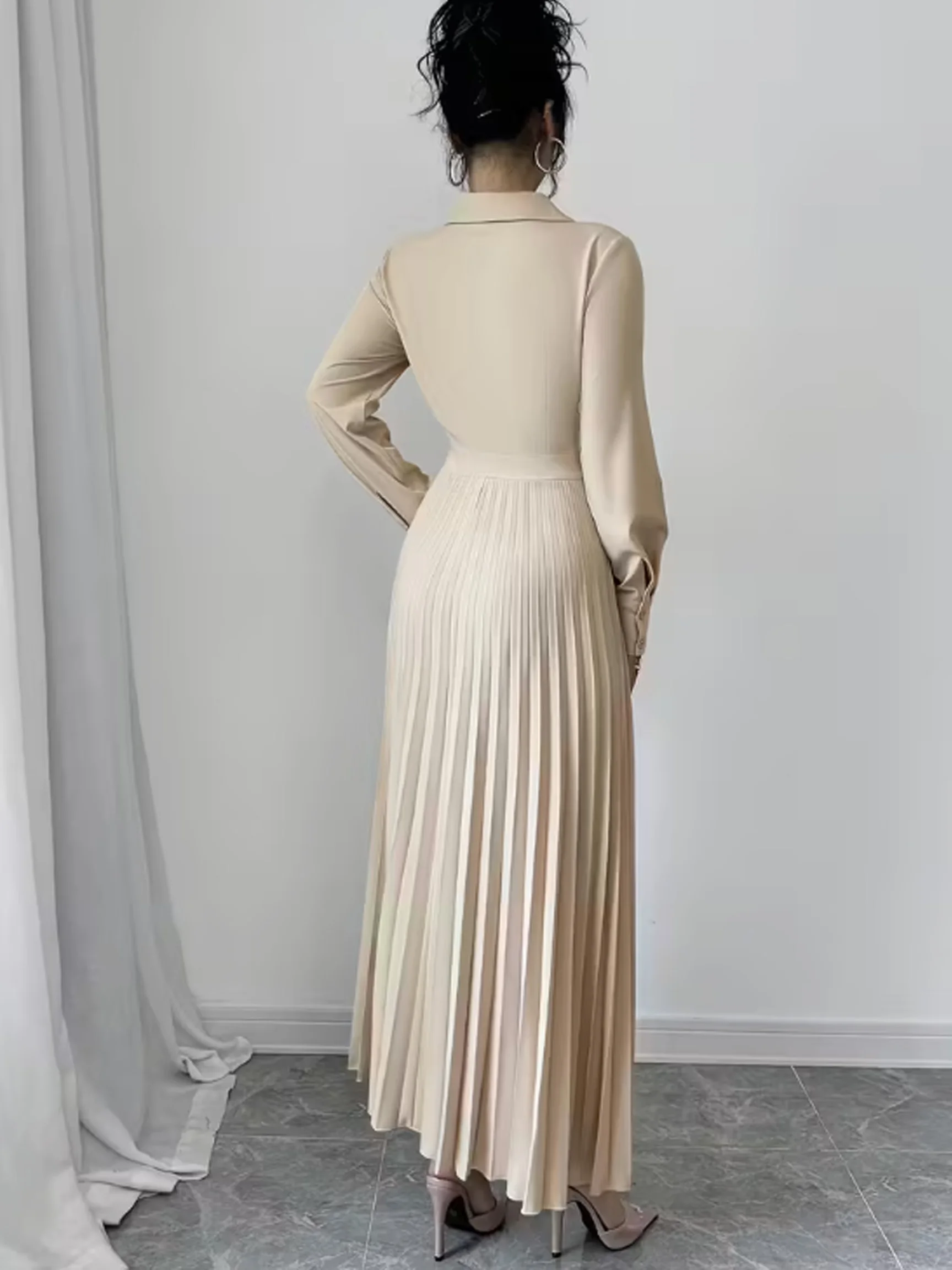 Women's Casual Solid Color Elegant Ruched Waist Midi Dress, Slim Fit Romantic Outfit for Daily Commute Office Wear - Image 2