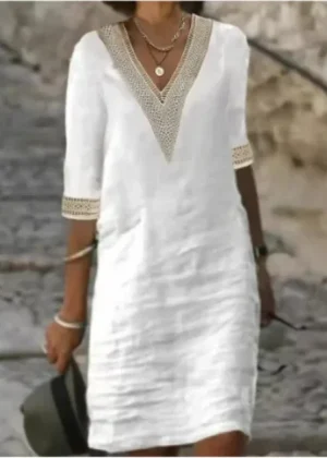 Women Cotton Linen Mini Dresses Summer Fashion Retro Solid V Neck Loose Dress Female Casual Elegant Mid-Sleeve Dress Vestidos