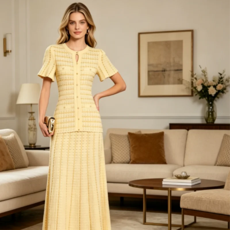 2026 New Women Elegant Solid Color Short Sleeve Sequined Long Dress Button Front Slim Fit Maxi Dress Daily Office Casual Outfit