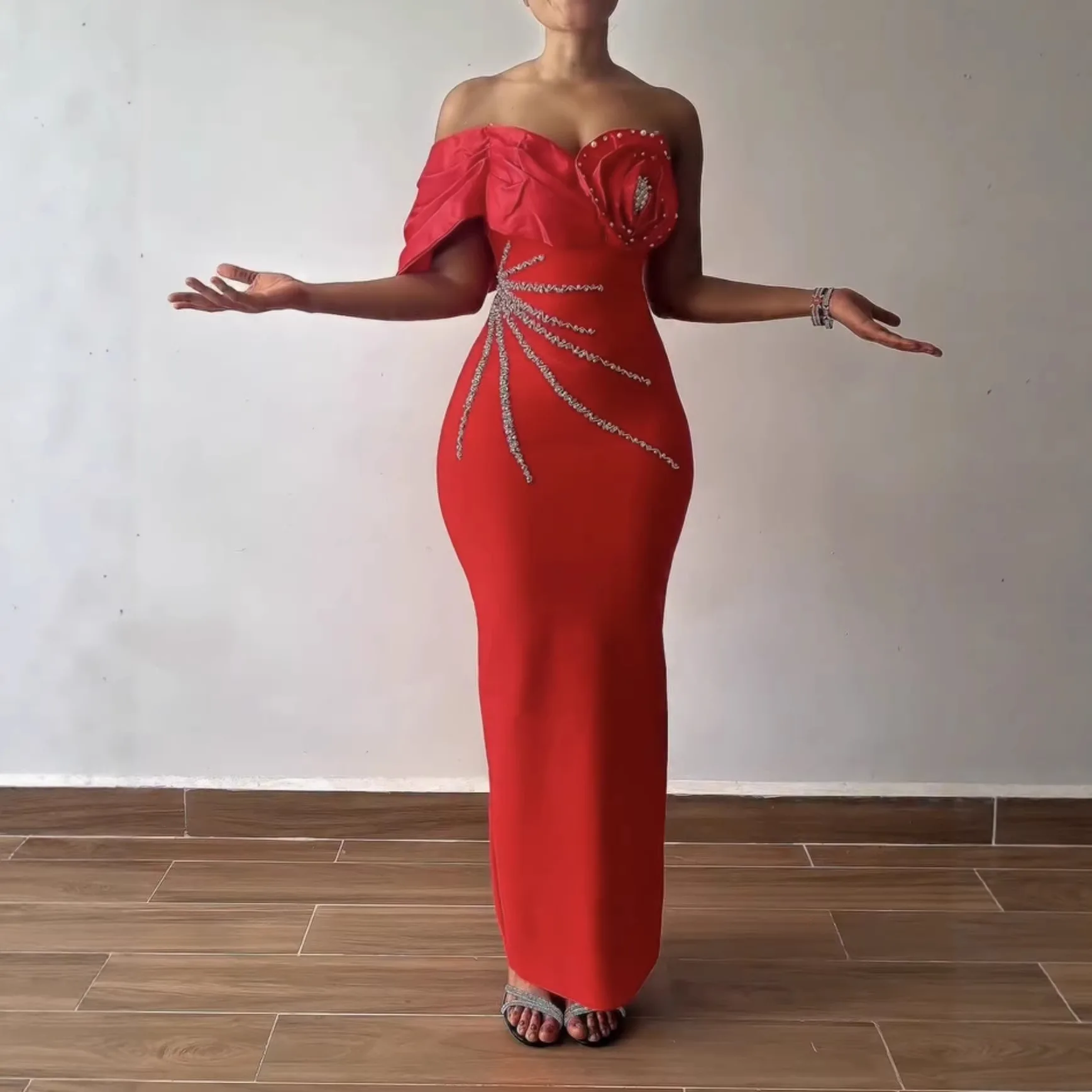 Elegant One Shoulder Wrap Maxi Evening Dress for Women Diamond Decoration Fashion Polyester Fabric Formal Party Gown