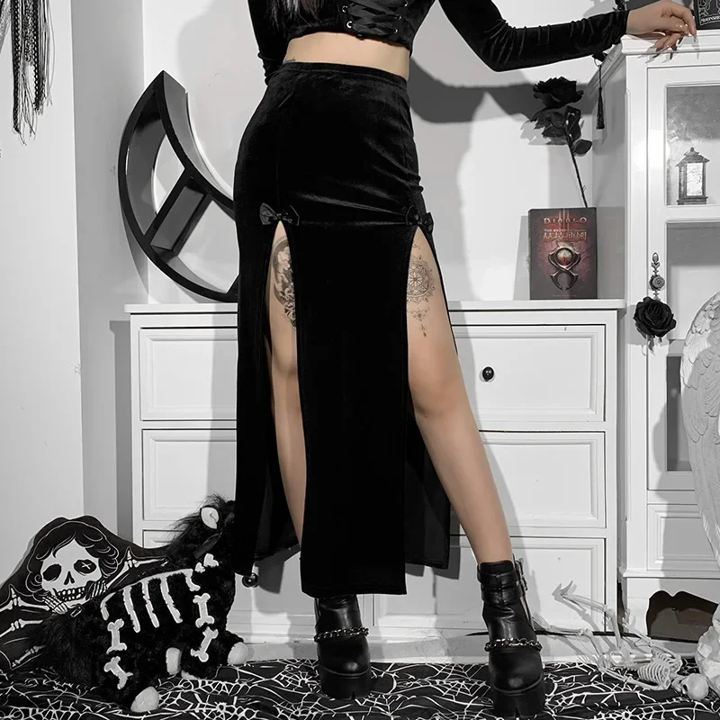 Punk Style Skirt Women's New Chic Halloween Festival Long Party Skirt High Waist Slim Bow Sexy Side Split Knee-Length Skirts - Image 3
