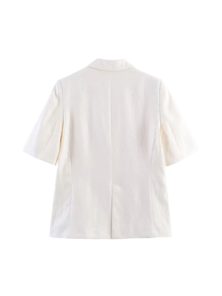 Women Blazers Coats 2026 Casual Solid Short Sleeve Double Breasted Linen Female Elegant Street Blazer Outerwear Clothing - Image 2