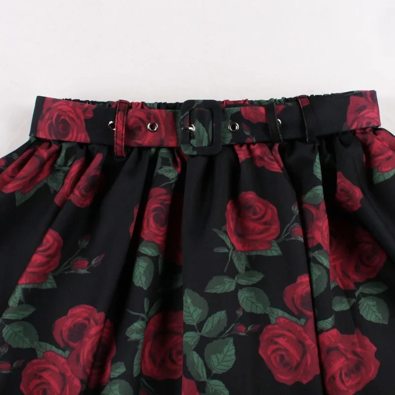 2026 New Women's Vintage Red Rose Print Swing Skirt Streetwear High Waist A-Line Midi Skirt Belt Retro Rockabilly Party Skirts - Image 5