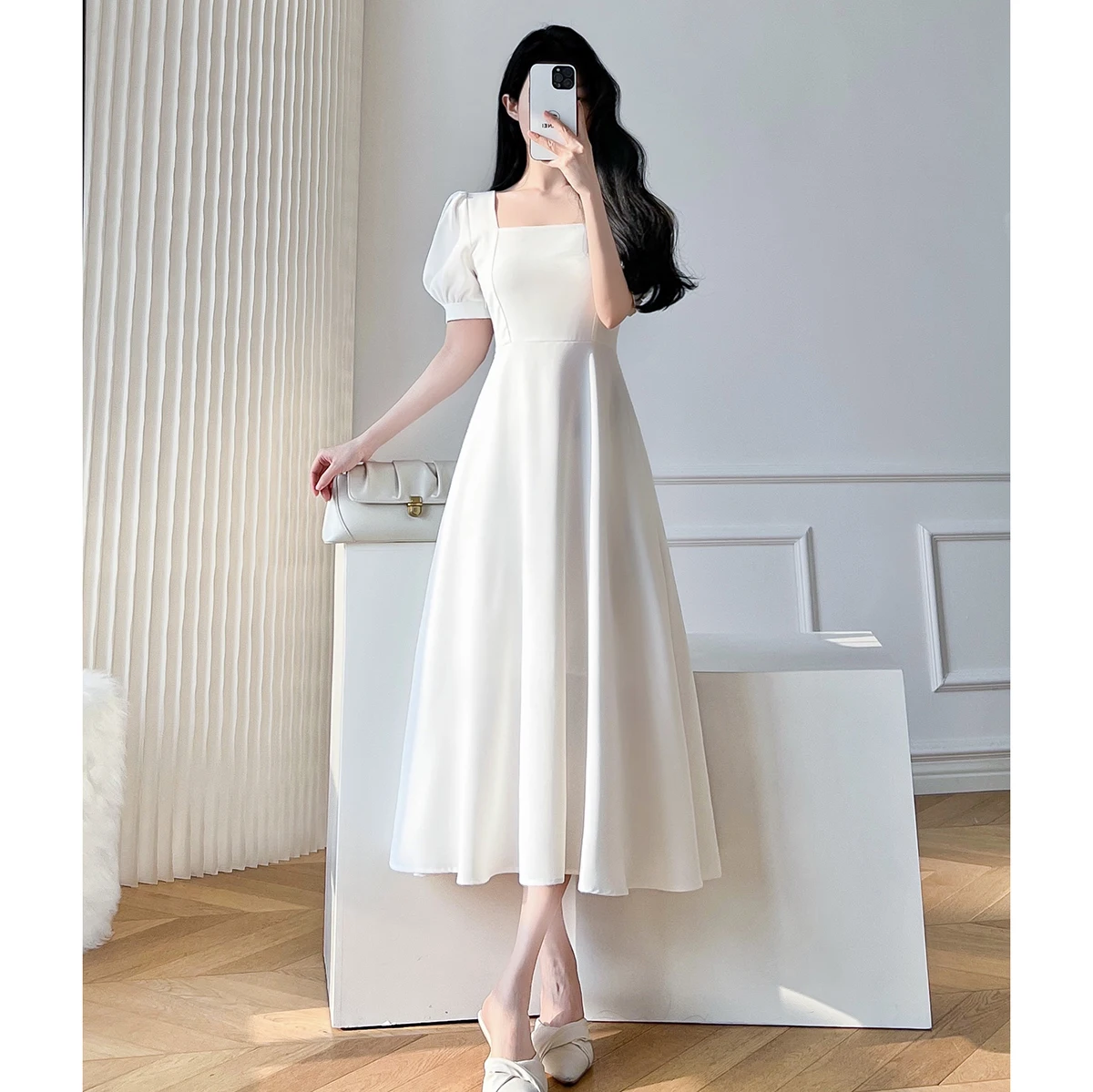 Retro women's long dress party ball bubble sleeves square collar temperament slim fit long dress summer clothing - Image 2