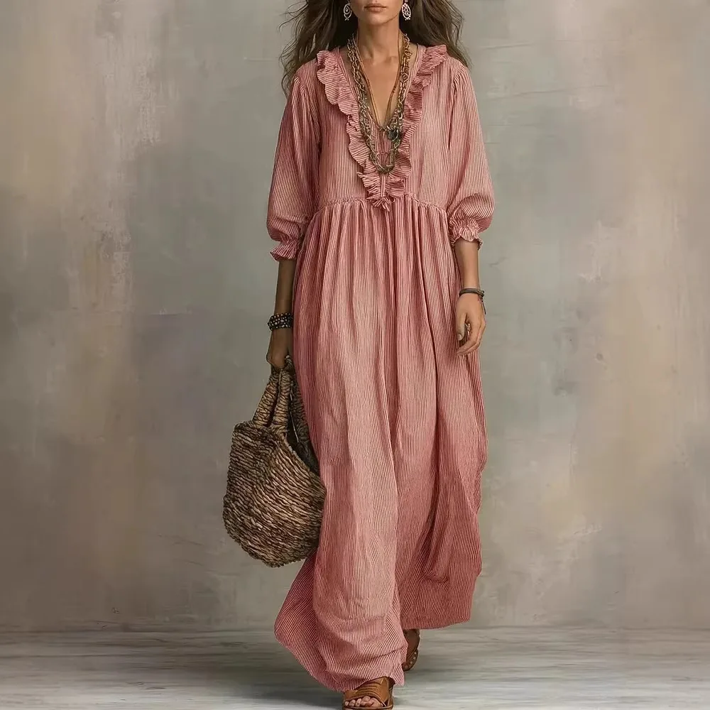 2026 New European and American Independent Website Striped Ruffled Loose High-Waisted V-Neck Fashion Casual Dress - Image 4