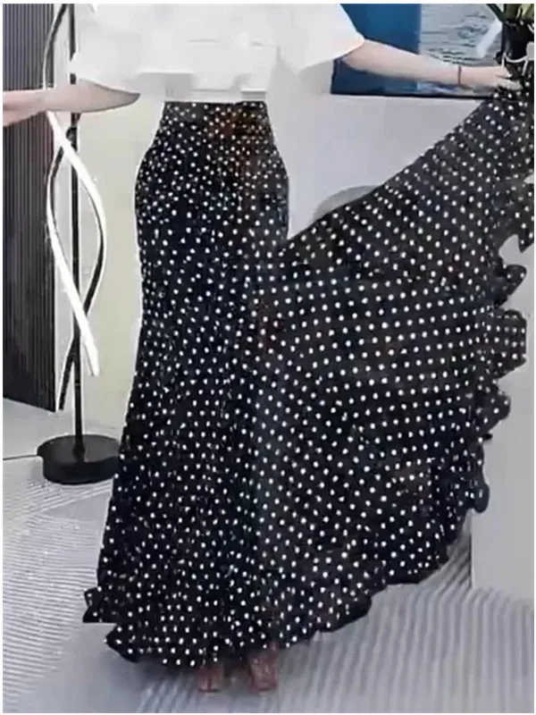 Elegant Black Polka Dot Fish Tail Skirt Women's Summer New Lightweight Luxury Style Half Skirt Drapey Wrap around Skirt - Image 5