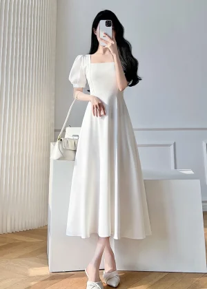 Retro women's long dress party ball bubble sleeves square collar temperament slim fit long dress summer clothing