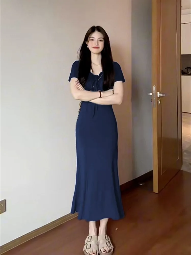 French Style Slimming Mermaid Maxi Dress for Women Elegant Short Sleeve Bodycon Dress Cinched Waist Spring Summer New Collection - Image 6