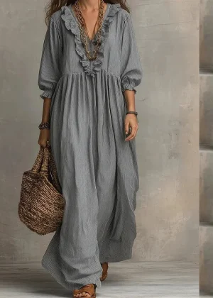 2026 New European and American Independent Website Striped Ruffled Loose High-Waisted V-Neck Fashion Casual Dress