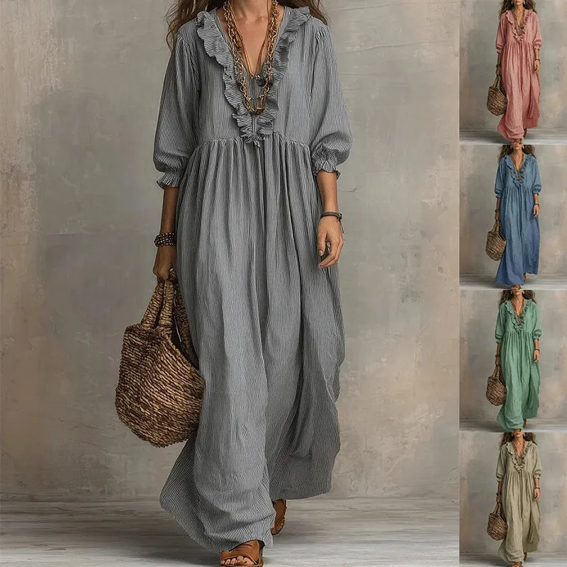 2026 New European and American Independent Website Striped Ruffled Loose High-Waisted V-Neck Fashion Casual Dress