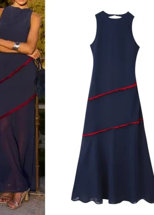 Summer O-neck Sleeveless Patchwork Contrasting Tassel Decoration Long Dress Women Backless Chiffon Hem Dress Female Sexy Wear