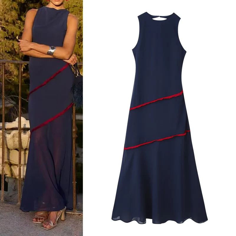 Summer O-neck Sleeveless Patchwork Contrasting Tassel Decoration Long Dress Women Backless Chiffon Hem Dress Female Sexy Wear