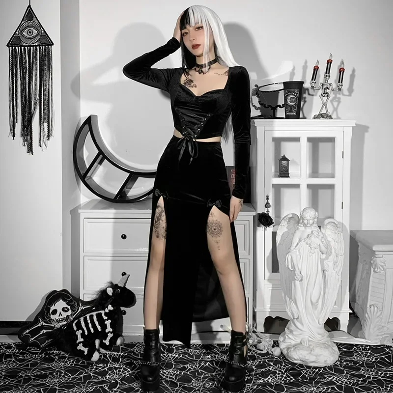 Punk Style Skirt Women's New Chic Halloween Festival Long Party Skirt High Waist Slim Bow Sexy Side Split Knee-Length Skirts - Image 6
