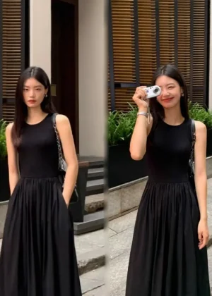 New Vintage Holiday Style Black Midi Dress Dresses for Women Clothing O Neck Office Lady Casual Pockets Women's Clothing