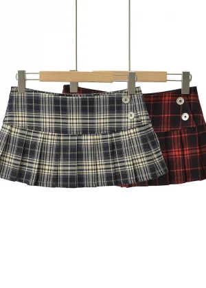 Summer Mini Skirts For Woman Vintage Korean Fashion Red Plaid Skirt Women Y2k Clothes Skirts Buttons Pleated Skirts Preppy Style
