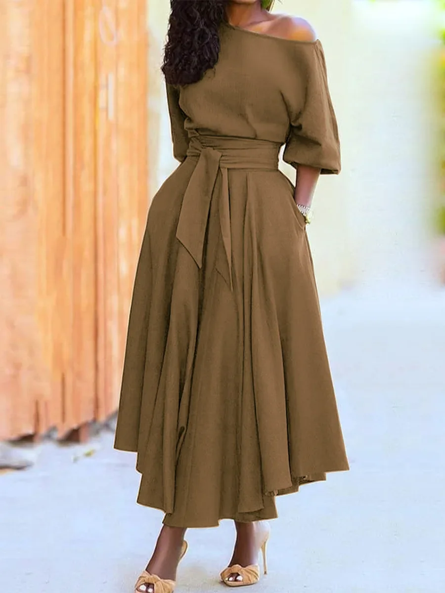 Women's S-2XL Size New Slanted Shoulder Collar Tie Waist Style Solid Color Dress Leopard print maxi dresses for women - Image 4