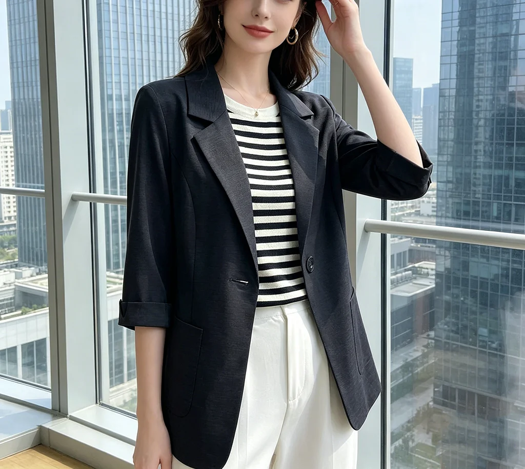 Summer Thin White Blazer Women 3/4 Sleeve Loose Fit Office Suit Jacket Elegant Business Formal Work Coat - Image 3