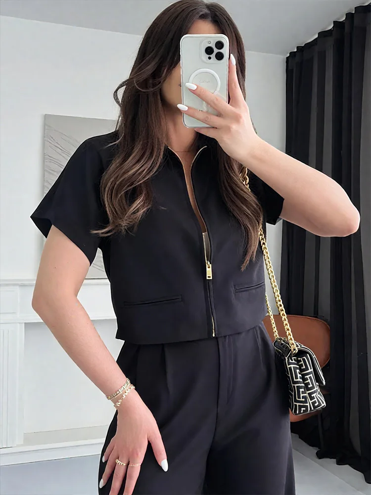 HXAO Cropped Women's Jackets With Zipper Outerwears Top Summer Crop Cardigan Short -Sleeved Female Jacket Black Short Coats - Image 4