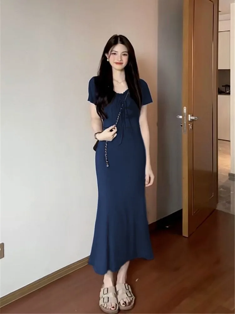 French Style Slimming Mermaid Maxi Dress for Women Elegant Short Sleeve Bodycon Dress Cinched Waist Spring Summer New Collection - Image 2