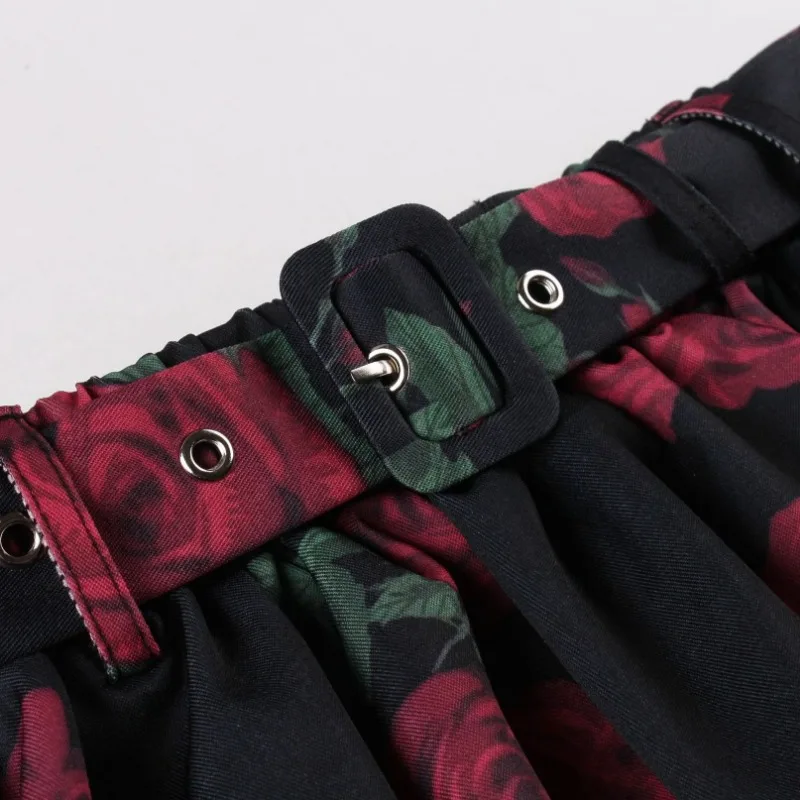 2026 New Women's Vintage Red Rose Print Swing Skirt Streetwear High Waist A-Line Midi Skirt Belt Retro Rockabilly Party Skirts - Image 6