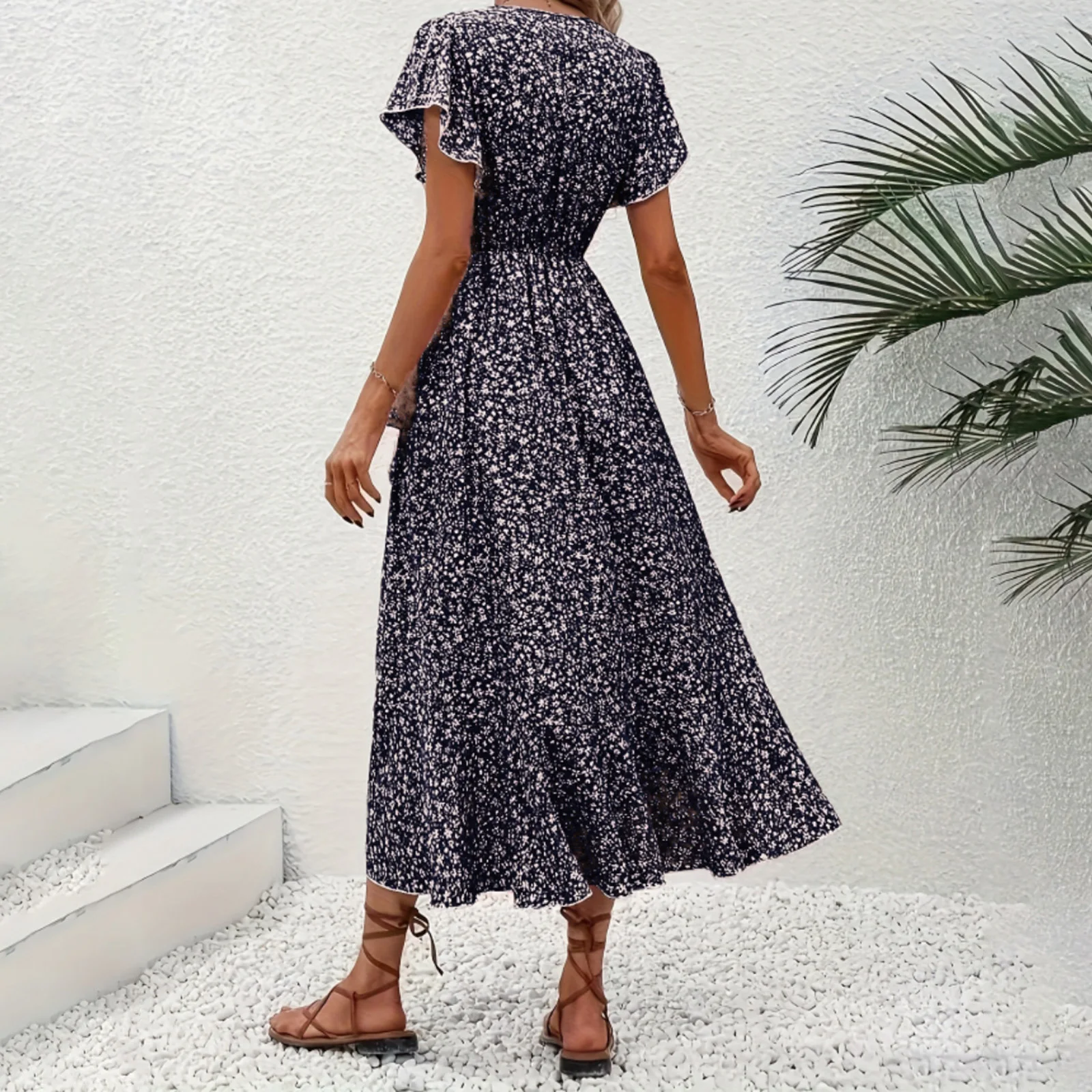 Women's Summer Flower Print Ruffle Dress Fashion 2025 Elegant Short Sleeve Wrap V Neck Tie Side Dresses - Image 4