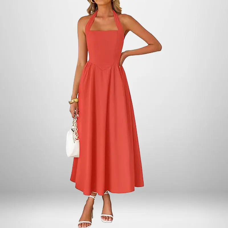 2025 Summer New Women Long Dress Elegant Solid Color Square Collar Sleeveless Waist Hanging Neck Backless Long Evening Gown - Image 5