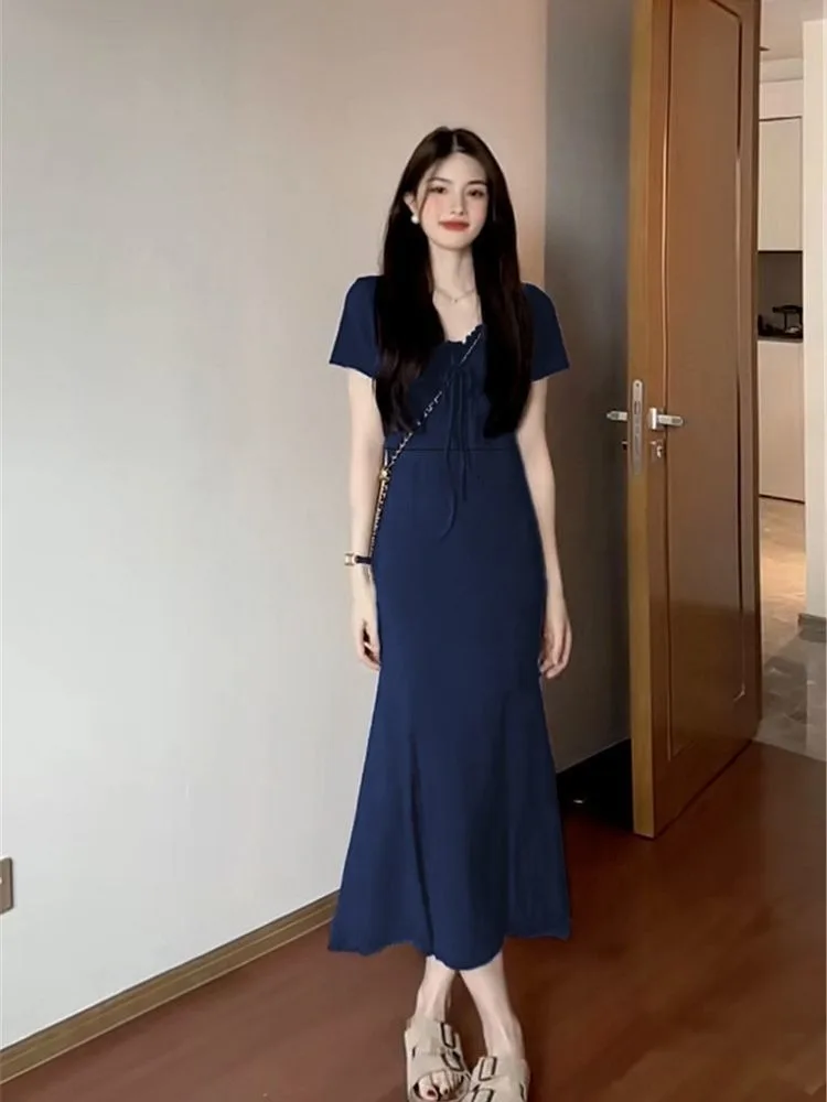 French Style Slimming Mermaid Maxi Dress for Women Elegant Short Sleeve Bodycon Dress Cinched Waist Spring Summer New Collection - Image 4