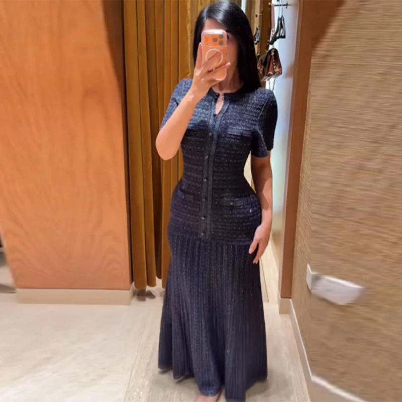 2026 New Women Elegant Solid Color Short Sleeve Sequined Long Dress Button Front Slim Fit Maxi Dress Daily Office Casual Outfit - Image 5