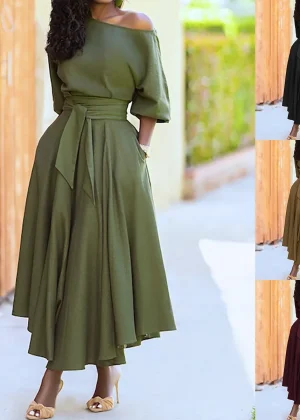 Women's S-2XL Size New Slanted Shoulder Collar Tie Waist Style Solid Color Dress Leopard print maxi dresses for women