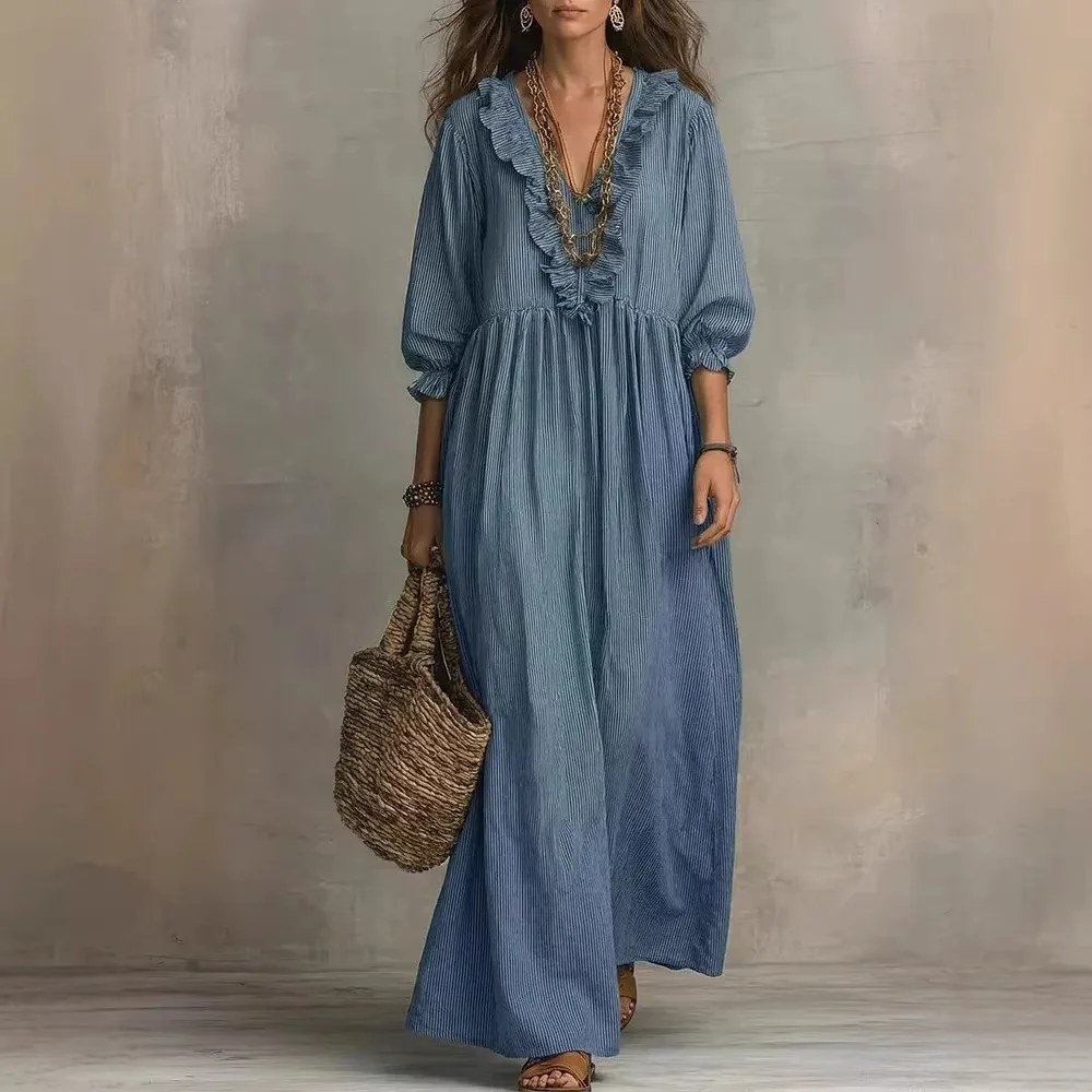 2026 New European and American Independent Website Striped Ruffled Loose High-Waisted V-Neck Fashion Casual Dress - Image 5