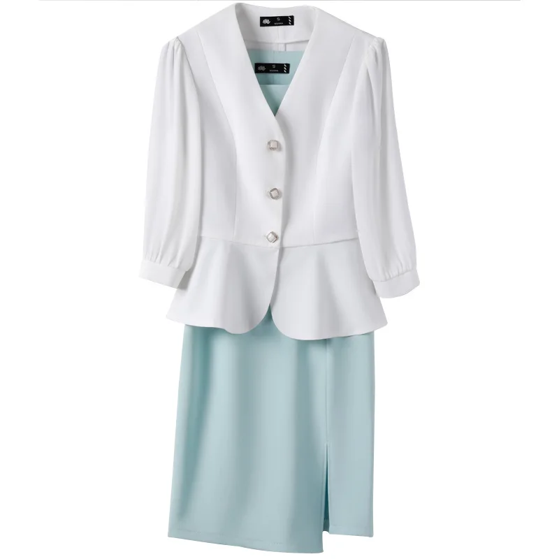 Women Casual 2 Pieces Set 2024 New Fashion Lantern Sleeve Jacket + White Dress Suit Office Ladies Business Blazers Skirt Set - Image 6