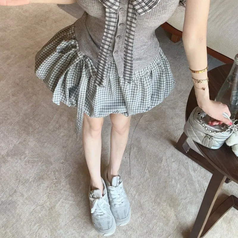 Vintage Japan Style Plaid A-line Ball Gown Mini Skirts Women's Clothing Summer Fashion Drawstring Bow Sweet Short Skirts - Image 5