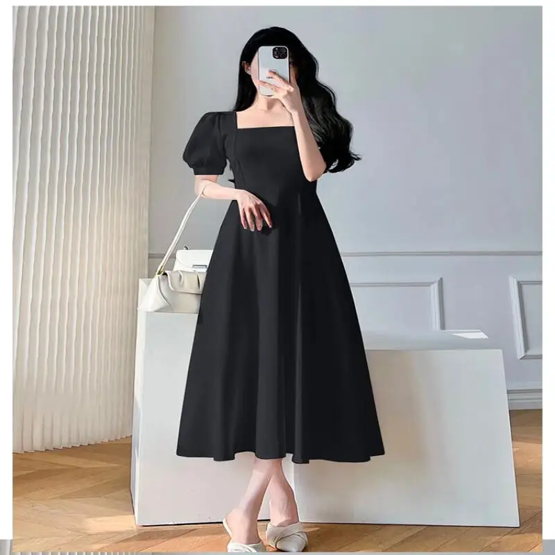 Retro women's long dress party ball bubble sleeves square collar temperament slim fit long dress summer clothing - Image 4