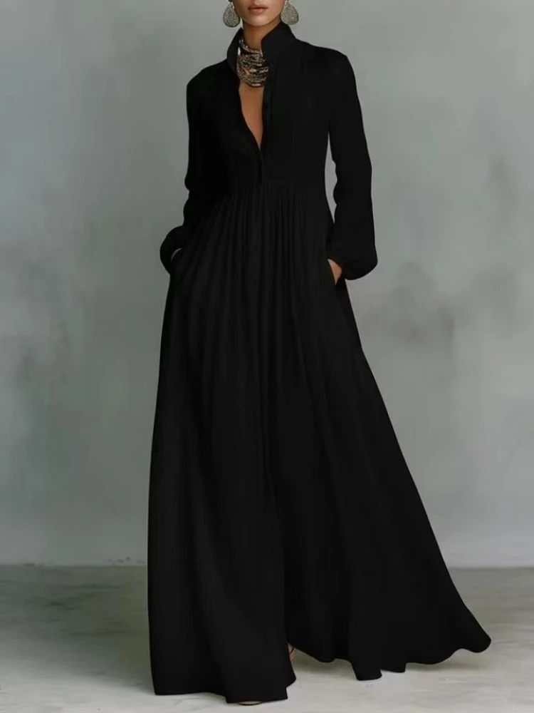 Elegant High Waist Swing Long Dress Woman Spring Solid Pockets Pleated Maxi Dress Spring Autumn Long Sleeve Button Evening Dress - Image 2