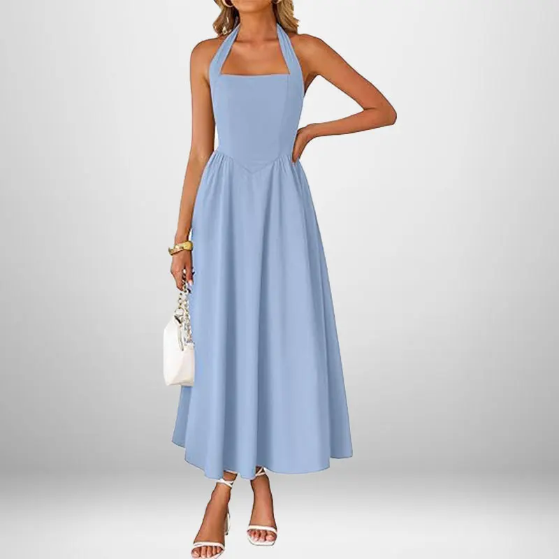 2025 Summer New Women Long Dress Elegant Solid Color Square Collar Sleeveless Waist Hanging Neck Backless Long Evening Gown - Image 6