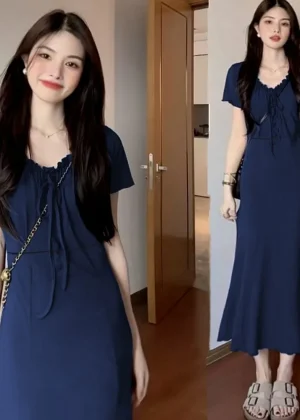 French Style Slimming Mermaid Maxi Dress for Women Elegant Short Sleeve Bodycon Dress Cinched Waist Spring Summer New Collection