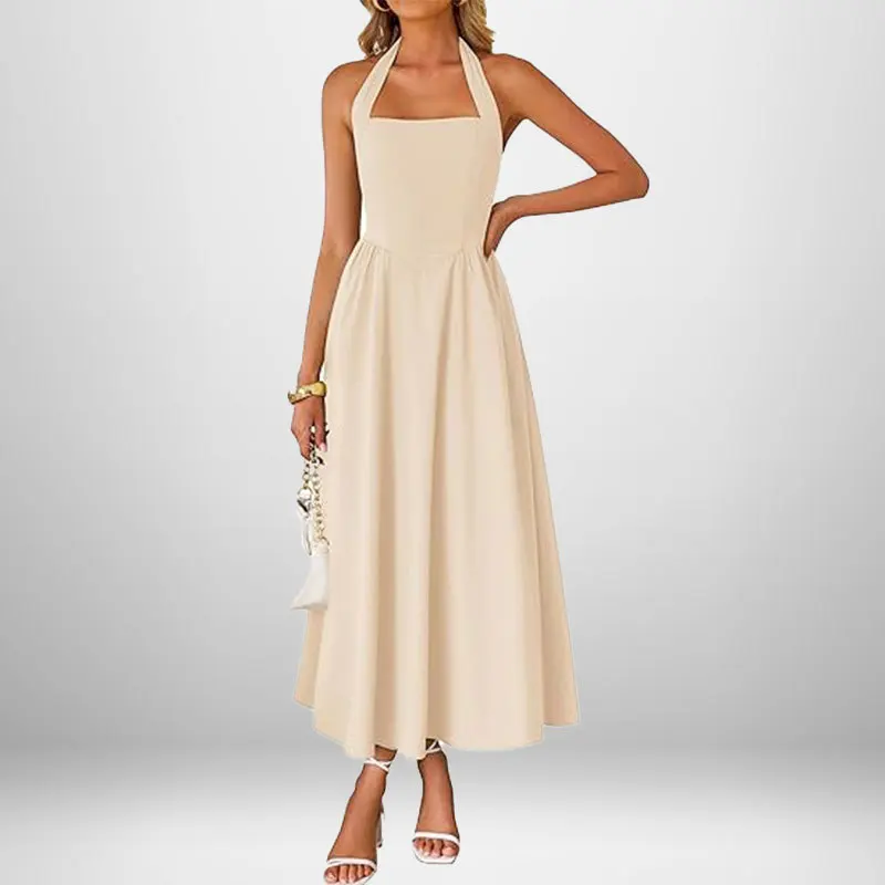 2025 Summer New Women Long Dress Elegant Solid Color Square Collar Sleeveless Waist Hanging Neck Backless Long Evening Gown - Image 4