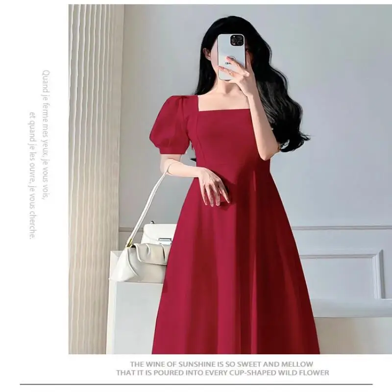 Retro women's long dress party ball bubble sleeves square collar temperament slim fit long dress summer clothing - Image 6