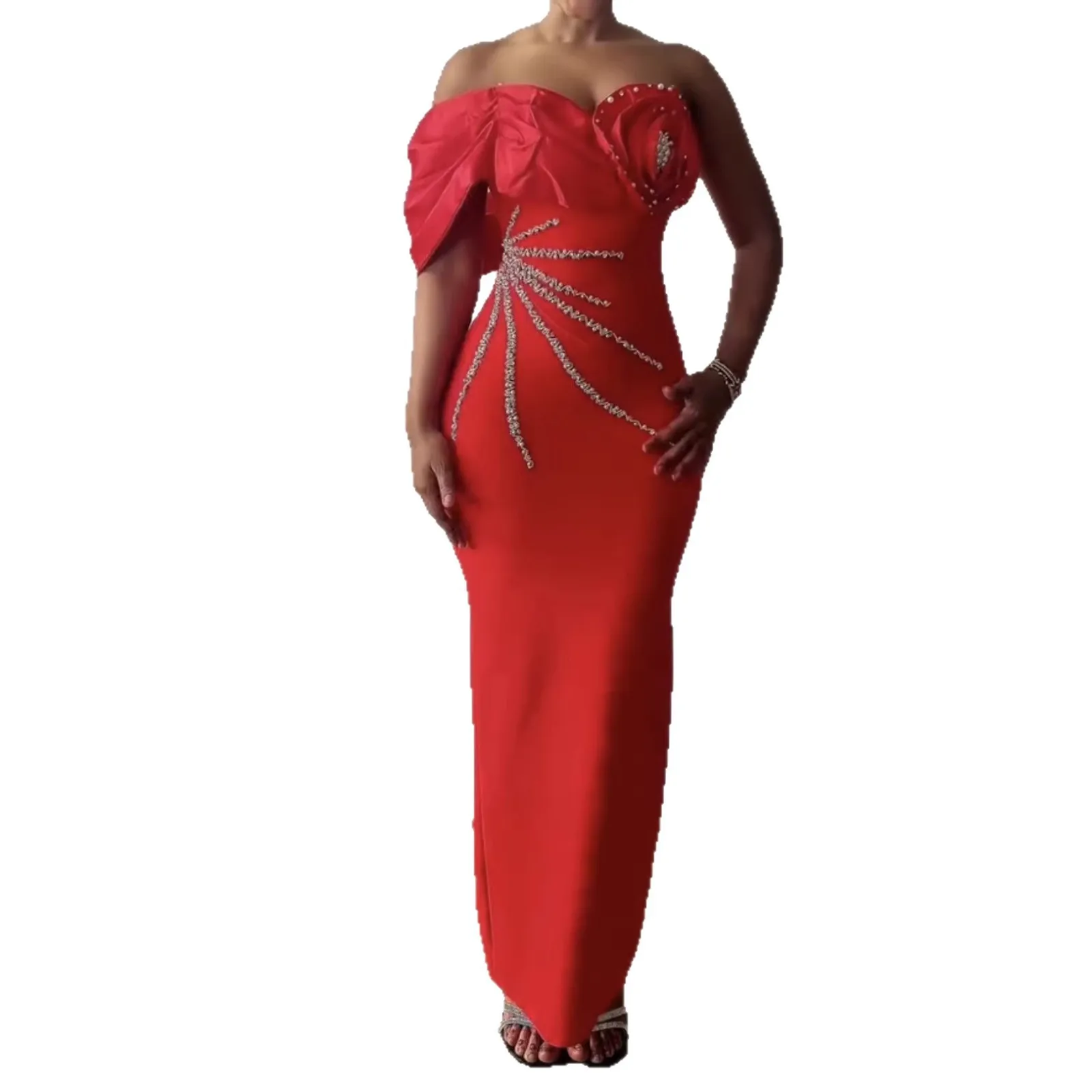 Elegant One Shoulder Wrap Maxi Evening Dress for Women Diamond Decoration Fashion Polyester Fabric Formal Party Gown - Image 3