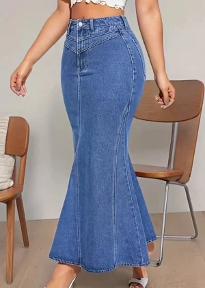 Ladies Retro Fashion Denim Fishtail Skirt, Slim Fit, Mid-Waist, Elastic, Stylish Denim Half Skirt