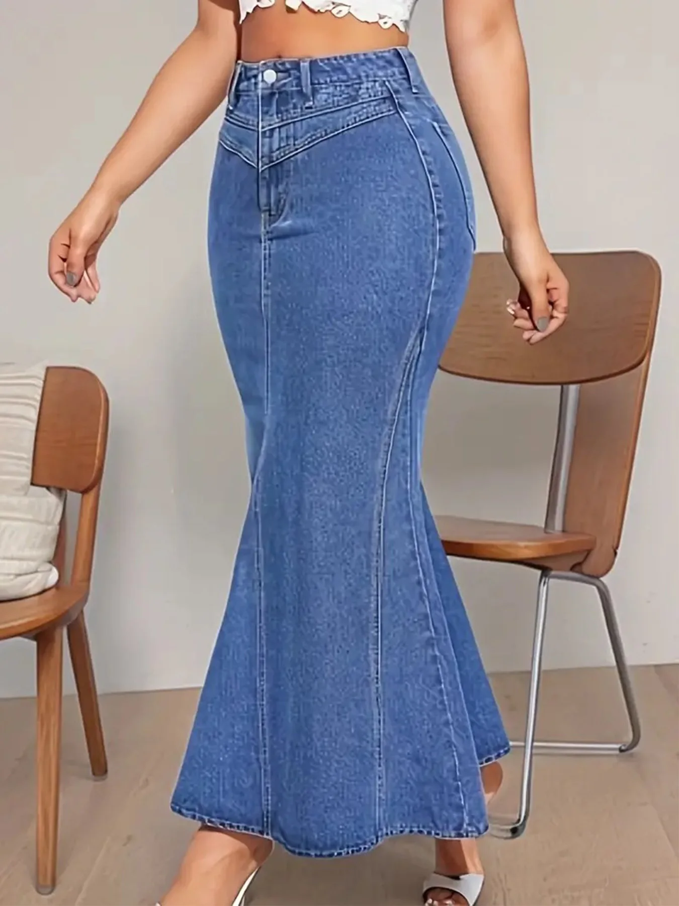 Ladies Retro Fashion Denim Fishtail Skirt, Slim Fit, Mid-Waist, Elastic, Stylish Denim Half Skirt