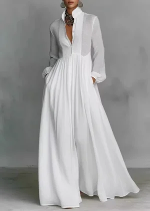 Elegant High Waist Swing Long Dress Woman Spring Solid Pockets Pleated Maxi Dress Spring Autumn Long Sleeve Button Evening Dress