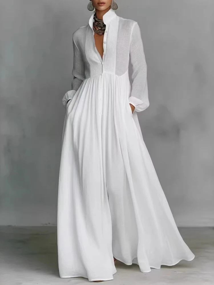 Elegant High Waist Swing Long Dress Woman Spring Solid Pockets Pleated Maxi Dress Spring Autumn Long Sleeve Button Evening Dress