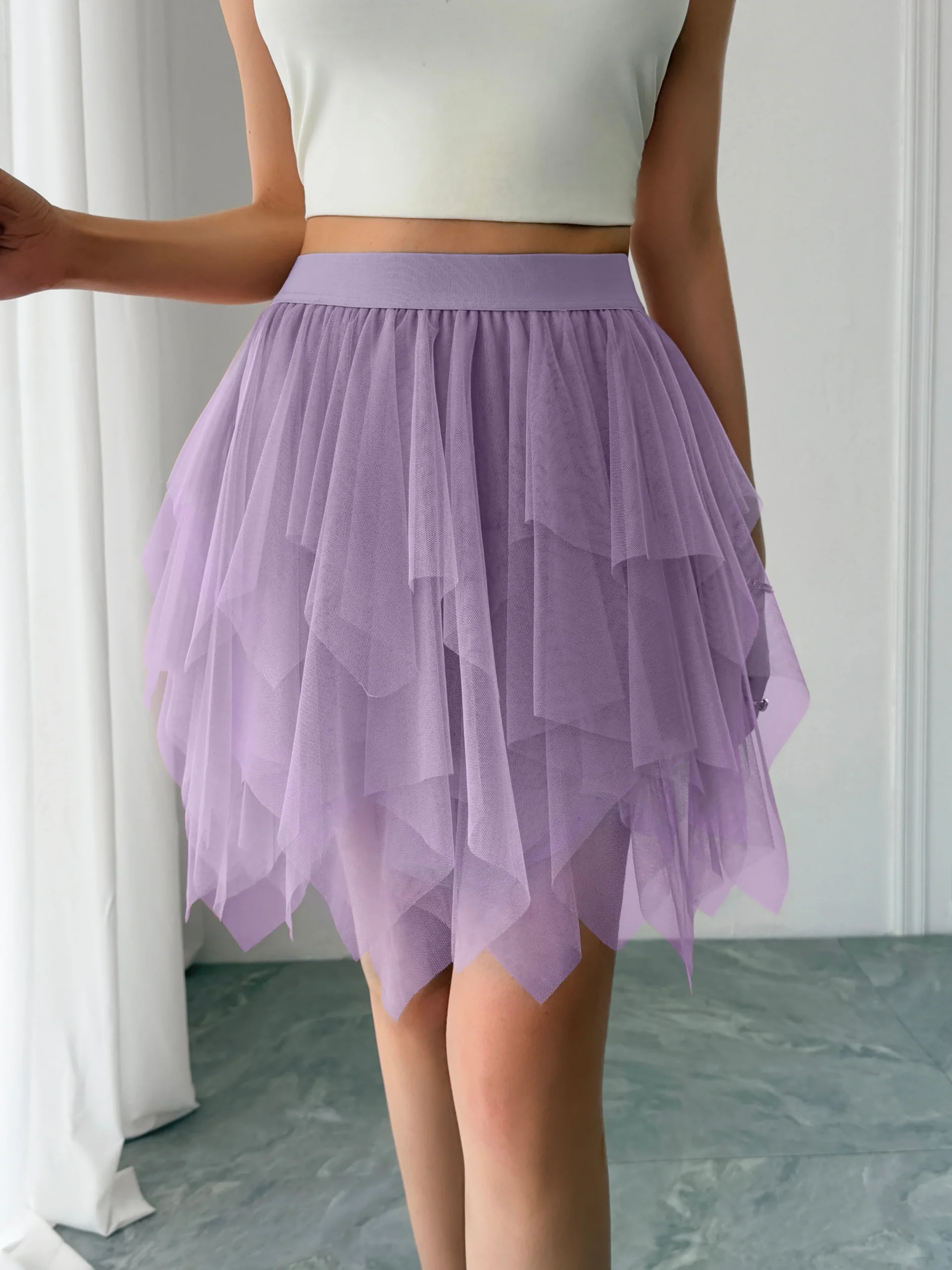 Women's mid waist chiffon mini skirt summer casual asymmetrical hem layered ruffle A-line skirt holiday sweet fairy skirt - Image 4