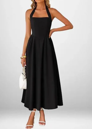 2025 Summer New Women Long Dress Elegant Solid Color Square Collar Sleeveless Waist Hanging Neck Backless Long Evening Gown
