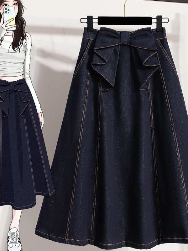 Spring Summer New plus Size Loose Elastic Waist A-Line Denim Half Skirt Slimming Midi Skirt for plus Size Women Casual Commute - Image 4