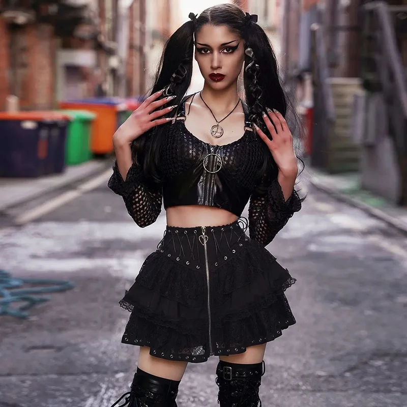 Gothic Skater Punk Vintage High Wasit Skirt Women's Zipper Front Japanese Style Kawaii Black Harajuku Cosplay Mini Skirts - Image 3