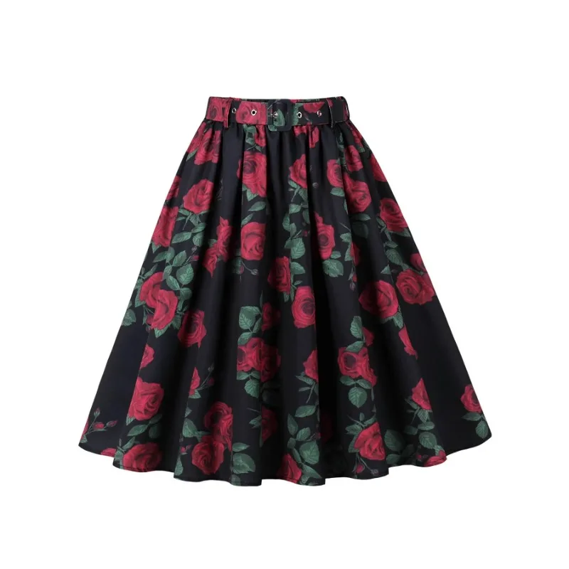 2026 New Women's Vintage Red Rose Print Swing Skirt Streetwear High Waist A-Line Midi Skirt Belt Retro Rockabilly Party Skirts - Image 3
